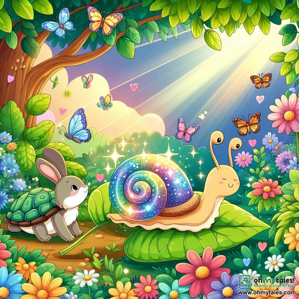Illustration destinée aux enfants représentant un jardin luxuriant, rempli de fleurs colorées et de verdure éclatante, où un escargot aux couleurs chatoyantes, avec une coquille spiralée brillante, avance lentement sur une feuille, laissant derrière lui une traînée scintillante. À ses côtés, une petite lapine aux grandes oreilles et au pelage doux observe avec curiosité, tandis qu'un tortue au carapace rugueuse sourit, tous deux impatients de découvrir un trésor caché. La scène dégage une atmosphère joyeuse et magique, avec des papillons colorés dansant autour d'eux, illuminés par les rayons du soleil filtrant à travers les branches des arbres.