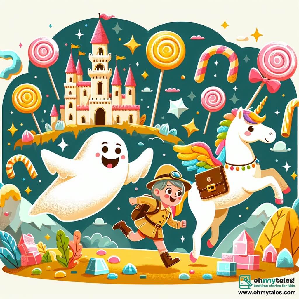 Une illustration destinée aux enfants représentant un adorable fantôme flottant joyeusement à travers un château entièrement fait de bonbons, accompagné d'une petite fille exploratrice et d'un licorne enrobée de sucre, dans le merveilleux pays de Funlandia.