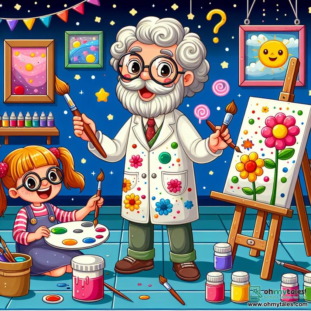 Une illustration sous forme de dessin destinée aux enfants représentant un studio d'art coloré, rempli de pots de peinture éclatants et de toiles, où un homme à la barbe nuageuse et aux lunettes rondes, vêtu d'une blouse éclaboussée de couleurs, montre avec enthousiasme aux enfants comment peindre, tandis qu'une petite fille aux pigtails rouges s'illumine en peignant des fleurs joyeuses, et un garçon aux lunettes, curieux, observe en tenant un pinceau, tous deux plongés dans la magie de la création artistique.