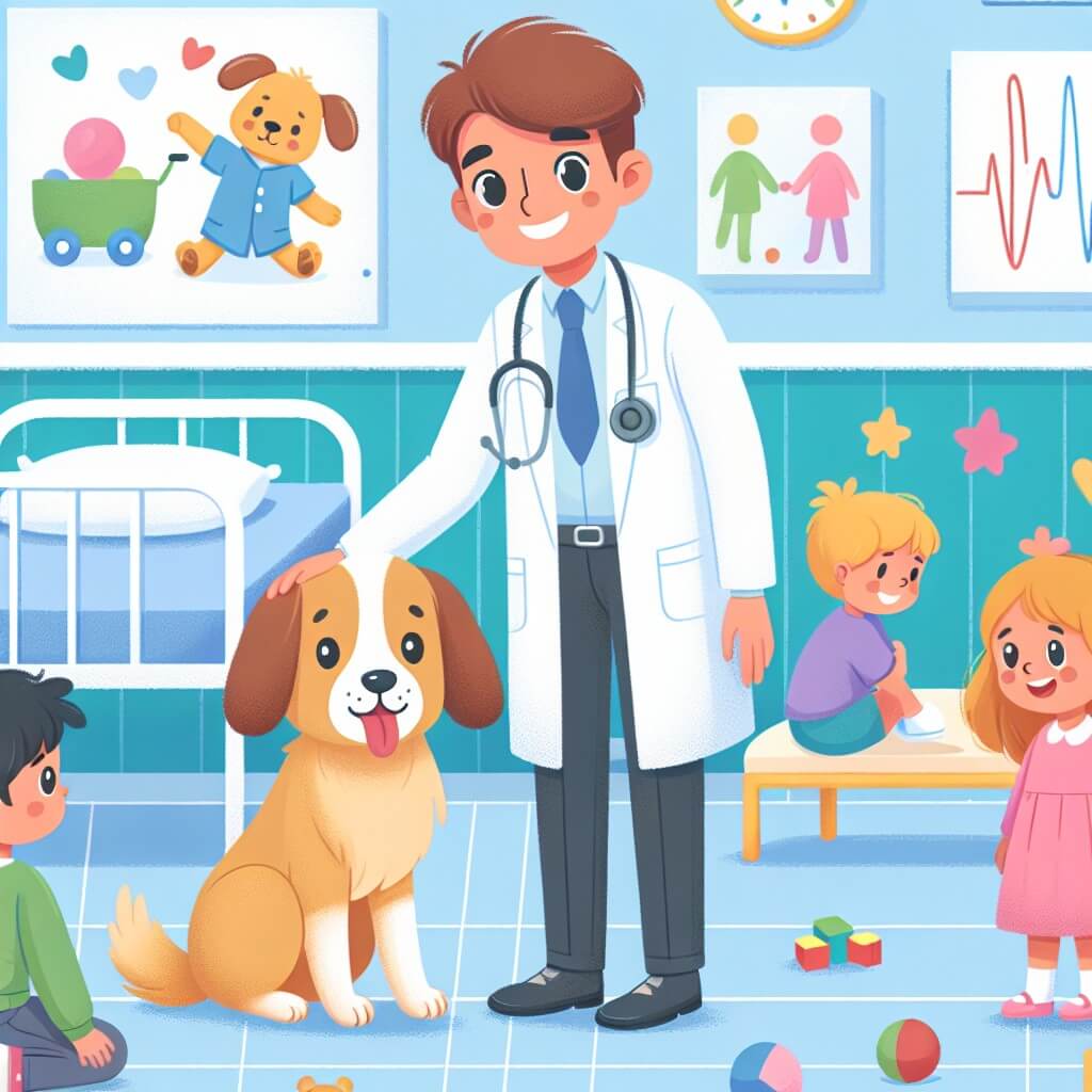 Une illustration destinée aux enfants représentant un homme bienveillant et attentionné, vêtu d'une blouse blanche, prenant soin de jeunes patients, accompagné d'un adorable chien thérapeute, dans une lumineuse et colorée salle de pédiatrie remplie de jouets et de dessins joyeux.