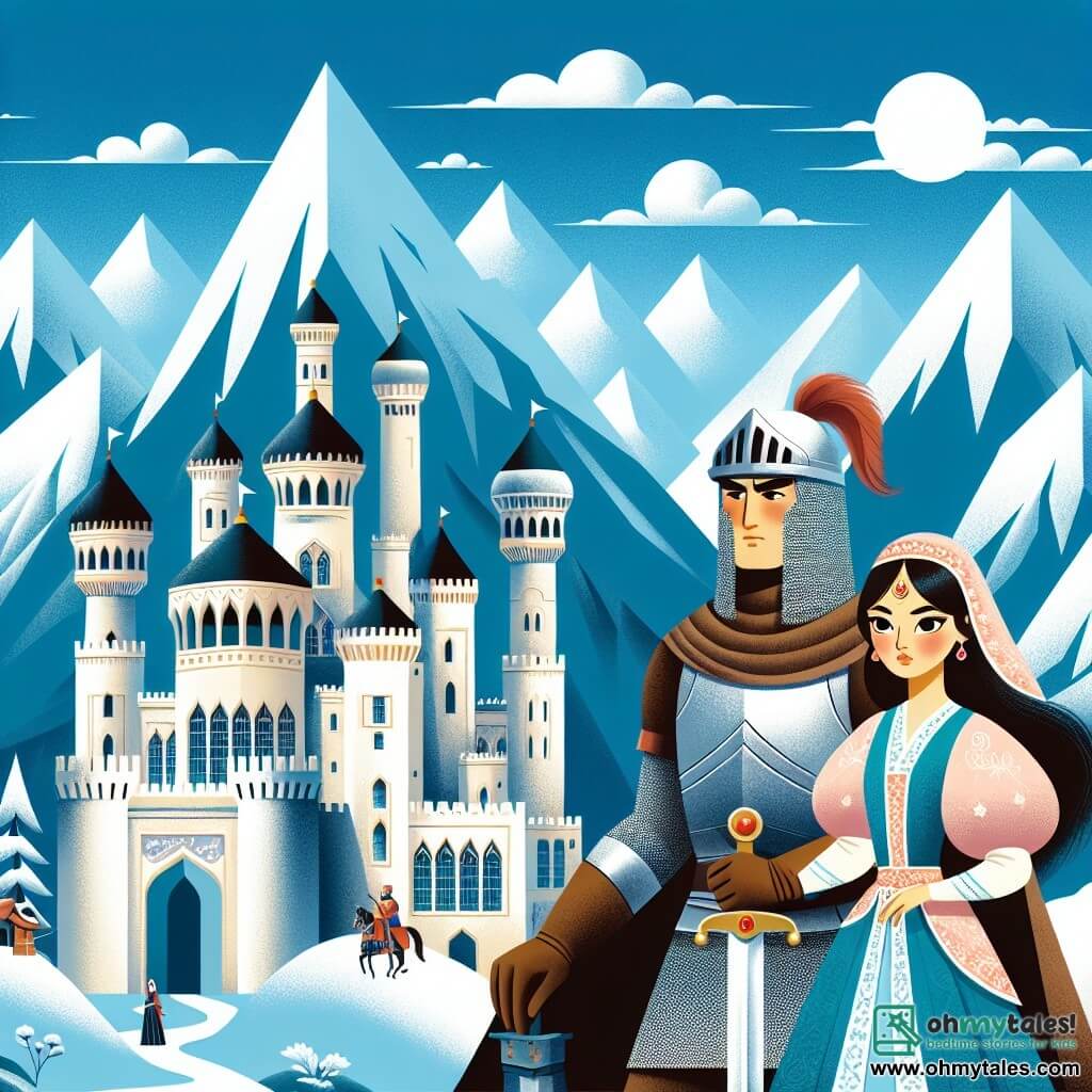Une illustration destinée aux enfants représentant un courageux chevalier, une princesse captive, et un château majestueux entouré de hautes montagnes enneigées.