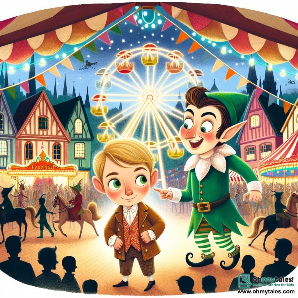 Une illustration destinée aux enfants représentant un garçon curieux se retrouvant dans un carnaval magique en compagnie d'un lutin espiègle, au cœur d'une petite ville animée par des bannières colorées et des manèges étincelants.