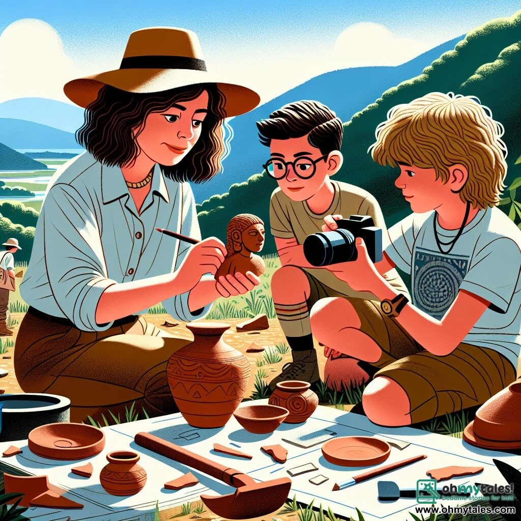 Une illustration sous forme de dessin destinée aux enfants représentant un site archéologique ensoleillé dans une vallée verdoyante, avec une femme aux cheveux bruns en désordre, portant un chapeau large et des vêtements de travail, qui se penche avec enthousiasme pour examiner une petite figurine en terre cuite, tandis qu'un garçon aux lunettes et un t-shirt graphique prend des photos avec un appareil numérique, et une fille aux cheveux tressés observe attentivement des morceaux de poterie, tous trois captivés par la découverte d'artefacts anciens, entourés de trowels, de pinceaux et de notes éparpillées sur le sol.