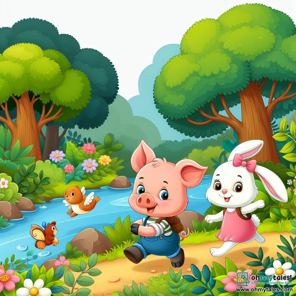 Une illustration destinée aux enfants représentant un adorable cochon mâle curieux et courageux, accompagné d'une lapine femelle joyeuse, explorant une forêt luxuriante avec des arbres touffus, des fleurs colorées et un ruisseau scintillant.