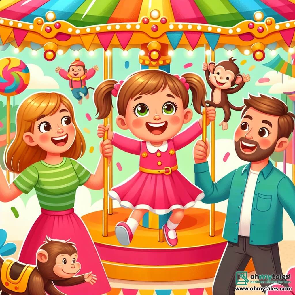 Une illustration destinée aux enfants représentant une fillette émerveillée par le carrousel coloré, accompagnée de ses parents, jouant avec un singe espiègle dans un parc d'attractions festif aux couleurs chatoyantes.