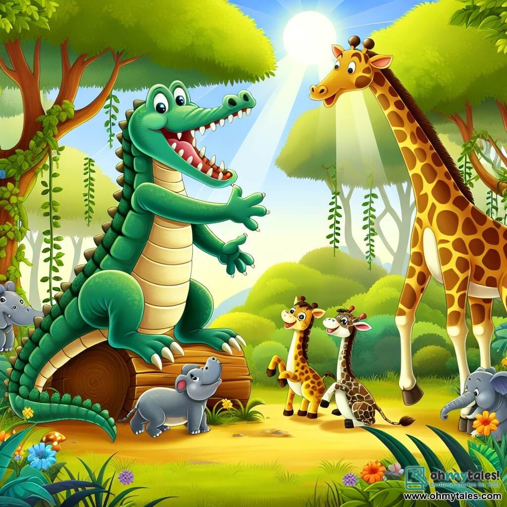 Une illustration destinée aux enfants représentant un crocodile espiègle jouant des tours aux animaux de la jungle, sous le regard amusé d'une girafe géante, dans une clairière ensoleillée entourée de grands arbres luxuriants et de lianes colorées.