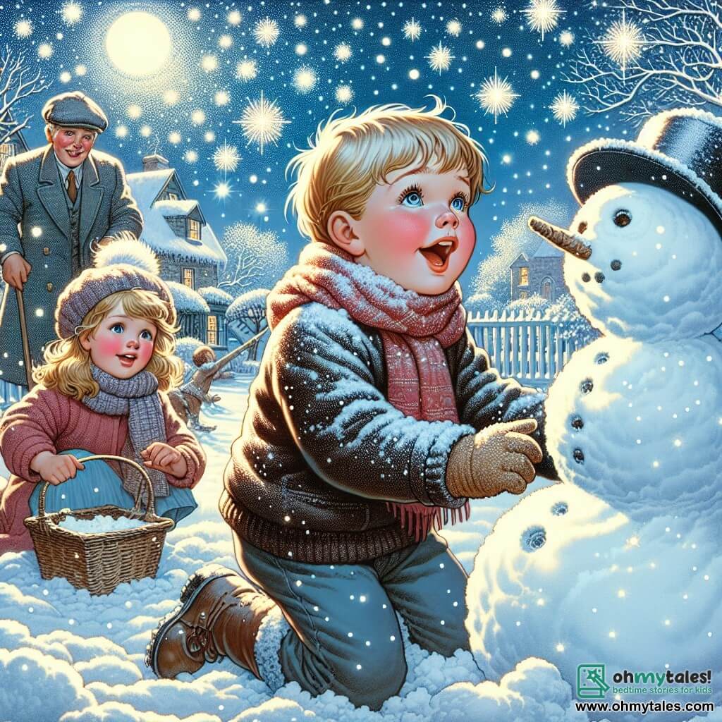 Une illustration destinée aux enfants représentant un jeune garçon, émerveillé par la neige qui tombe, accompagné de son amie et de son grand frère, construisant un bonhomme de neige dans leur jardin couvert d'une douce couverture blanche, sous un ciel hivernal éclatant de flocons délicats.