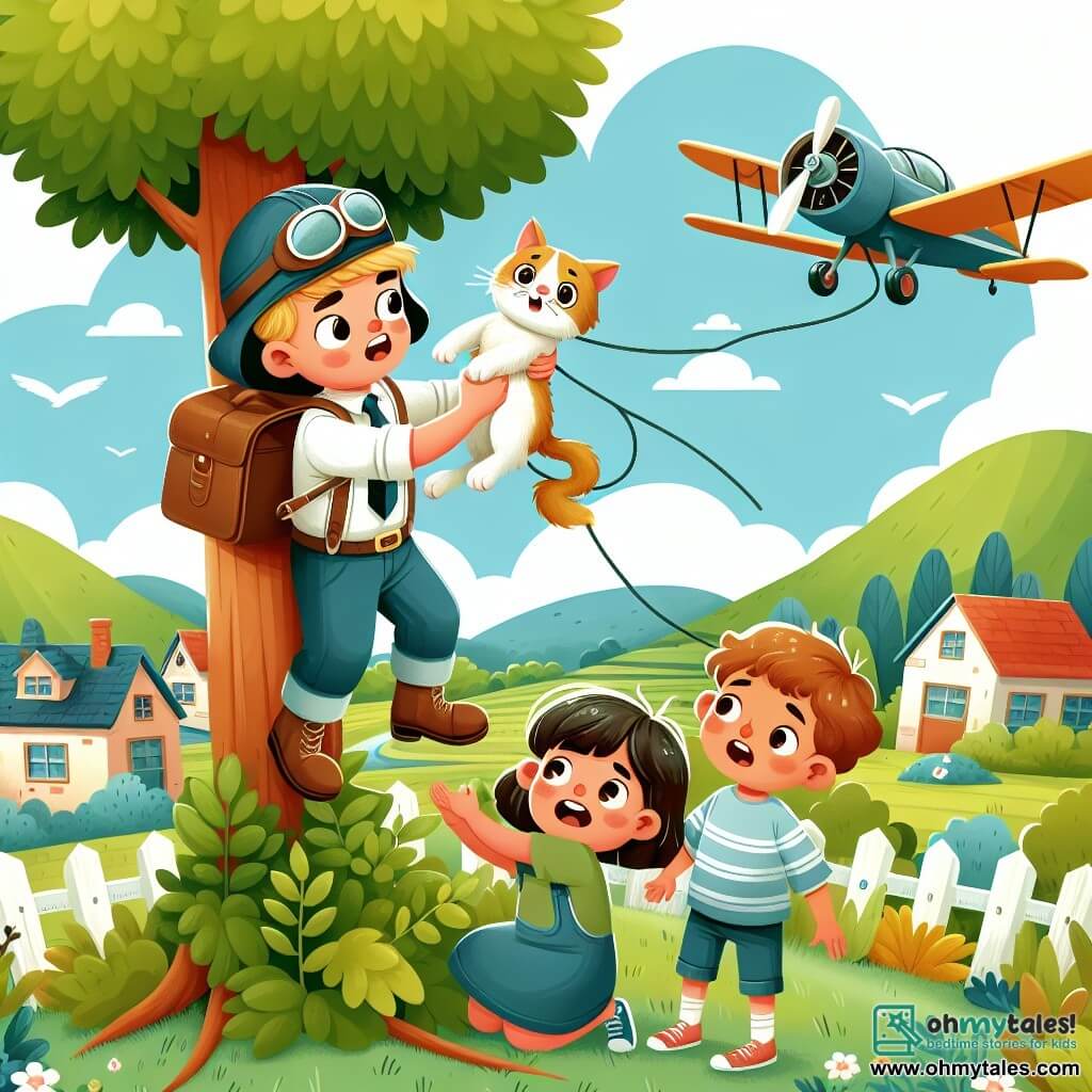Une illustration destinée aux enfants représentant un pilote d'avion, un garçon, en train de sauver un chaton coincé dans un arbre avec l'aide de deux enfants, une fille et un garçon, dans une petite ville entourée de collines verdoyantes et de champs luxuriants.