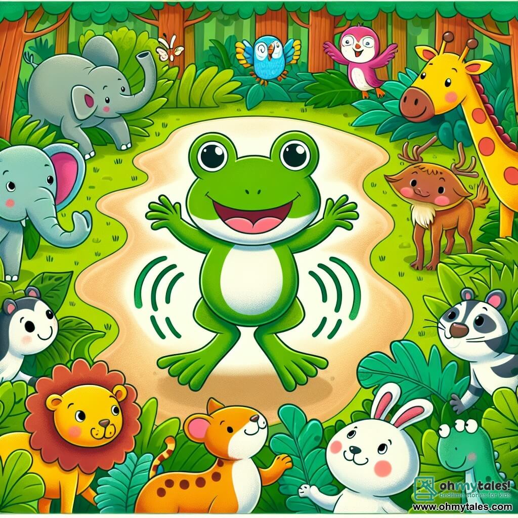 Une illustration destinée aux enfants représentant une grenouille joyeuse et curieuse qui se retrouve au cœur d'une forêt luxuriante, entourée d'animaux exubérants, dans une situation amusante et pleine de rebondissements.
