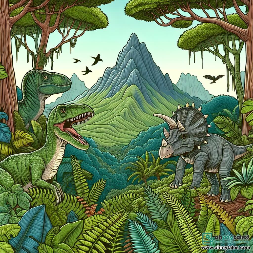 Une illustration destinée aux enfants représentant un vélociraptor curieux, une tricératops vert, une jungle luxuriante avec des arbres touffus, des fougères et des lianes, et une montagne majestueuse aux sommets escarpés.
