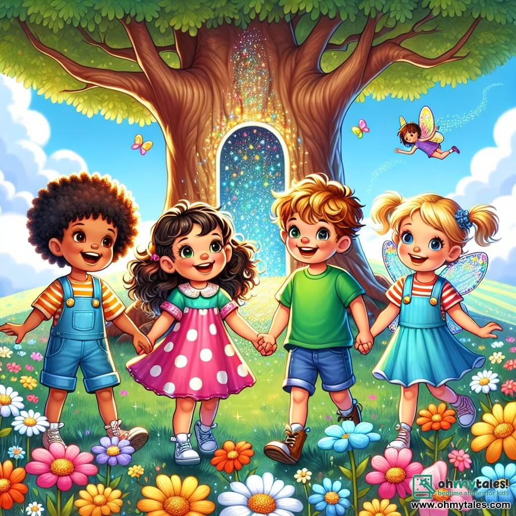 Illustration destinée aux enfants représentant un groupe de quatre enfants de cinq ans, deux garçons et deux filles, jouant joyeusement dans un champ magique derrière un grand chêne. Le champ est parsemé de fleurs colorées qui dansent dans une douce brise, tandis qu'un ciel bleu éclatant est parsemé de nuages cotonneux. Les enfants, aux cheveux bouclés et brillants, portent des vêtements colorés : une fille avec une robe rose à pois, un garçon avec un t-shirt vert vif, une autre fille en salopette bleue, et un garçon avec un chapeau de paille. Ils rient et s'agrippent les mains, prêts à entrer dans une petite porte scintillante à la base du chêne, qui s'illumine de couleurs vives. À côté d'eux, une petite fée aux ailes étincelantes et à la robe faite de pétales de fleurs les observe avec un sourire, ajoutant une touche de magie à cette scène d'aventure.