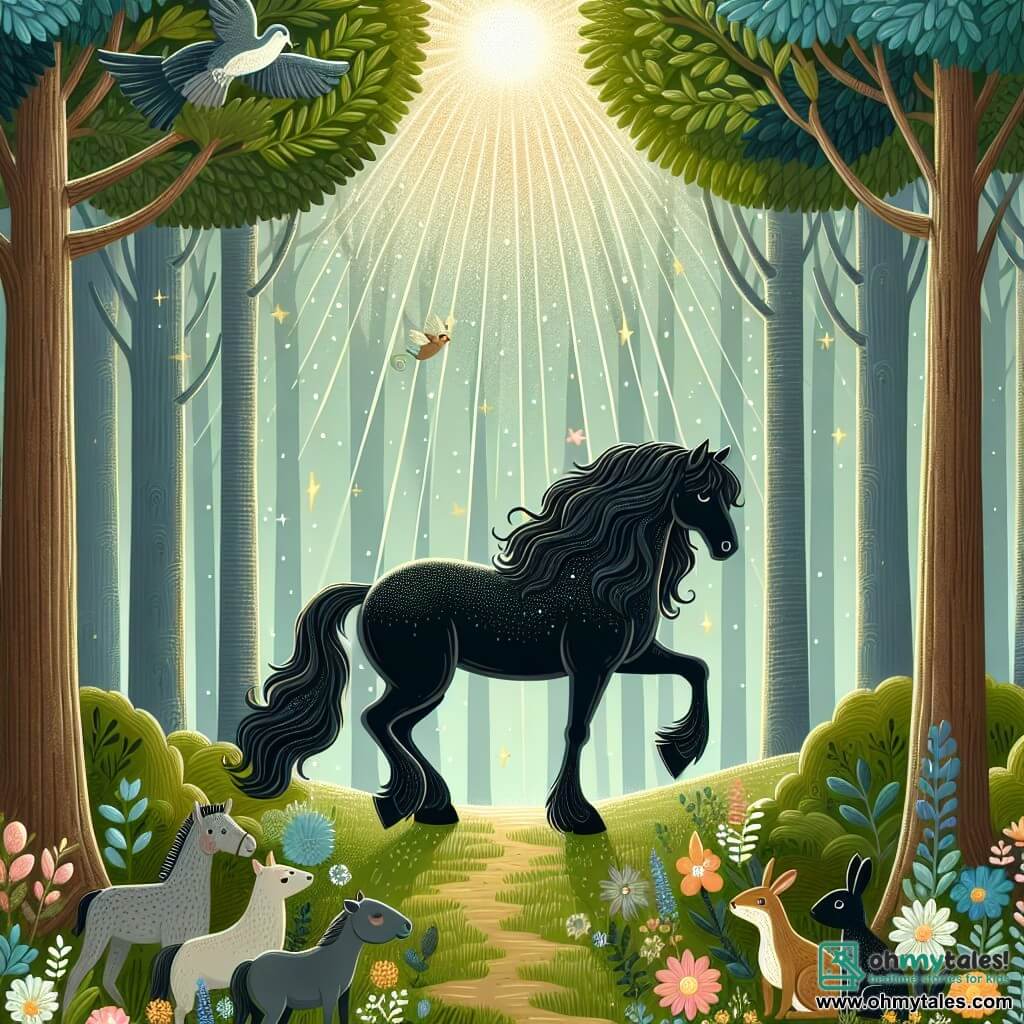 Une illustration destinée aux enfants représentant un majestueux cheval noir, évoluant avec grâce dans une prairie remplie de fleurs sauvages, accompagné de ses amis animaux, dans une forêt enchantée aux arbres immenses, où des rayons de soleil filtrent à travers les feuilles, créant une atmosphère chaleureuse et magique.