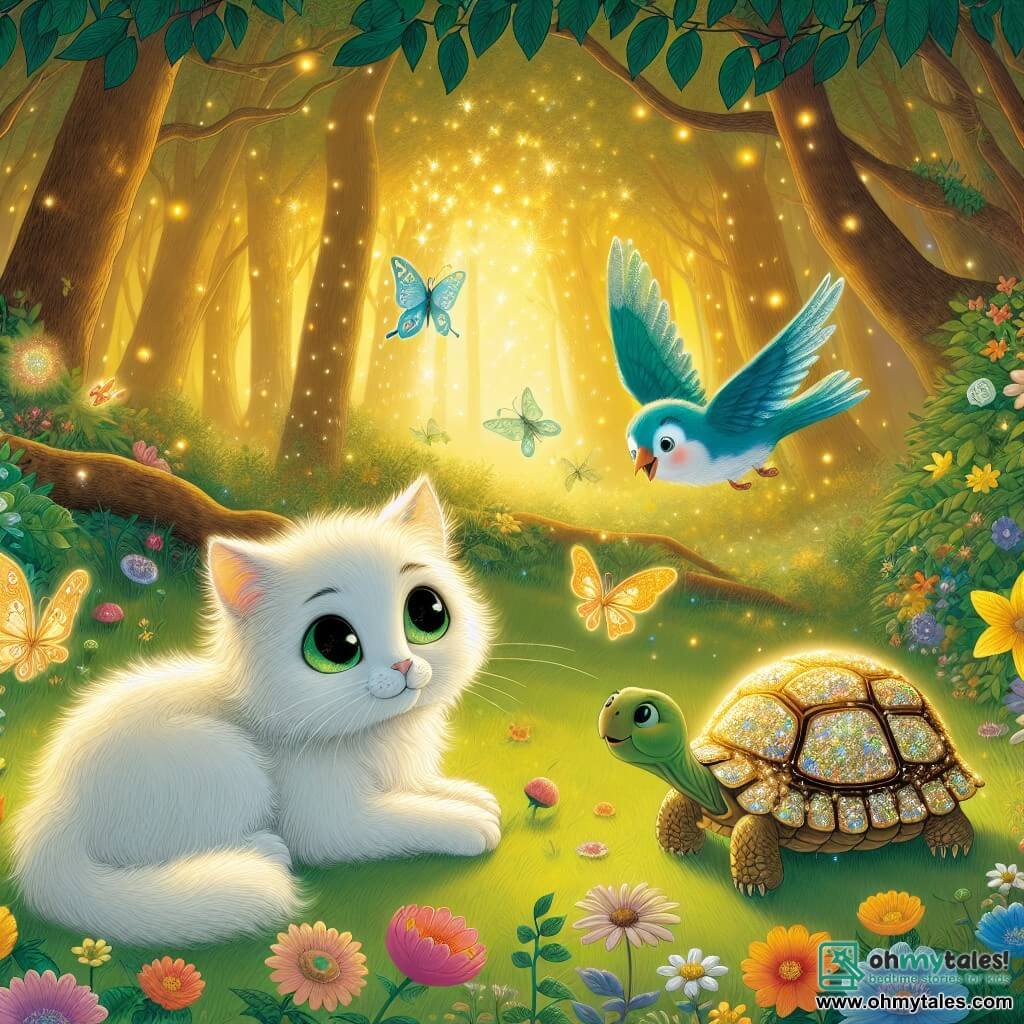 Une illustration sous forme de dessin destinée aux enfants représentant une scène enchantée dans une clairière baignée de lumière dorée, où un chat aux poils blancs et aux yeux émeraude, assis sur l'herbe verte, regarde avec curiosité une petite tortue à la carapace scintillante, tandis qu'un oiseau bleu chante joyeusement sur une branche au-dessus d'eux, tous trois unis dans une quête pour retrouver un trésor perdu, entourés de fleurs colorées et de papillons virevoltant dans l'air.
