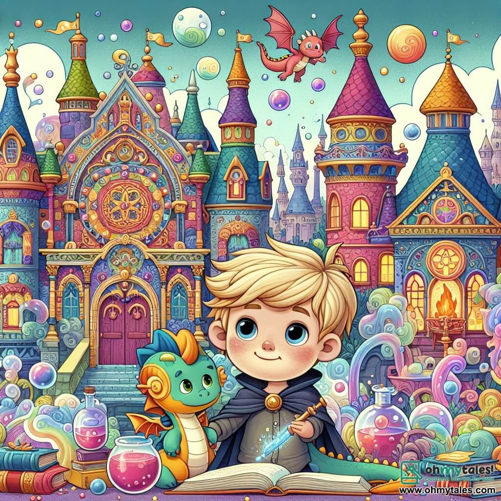 Une illustration destinée aux enfants représentant un jeune apprenti sorcier plein de malice, se retrouvant dans une académie magique remplie de bâtiments colorés et extravagants, accompagné d'un adorable dragon en peluche, dans un monde ensorcelant et amusant rempli de potions bouillonnantes, de livres flottants et de créatures étranges.