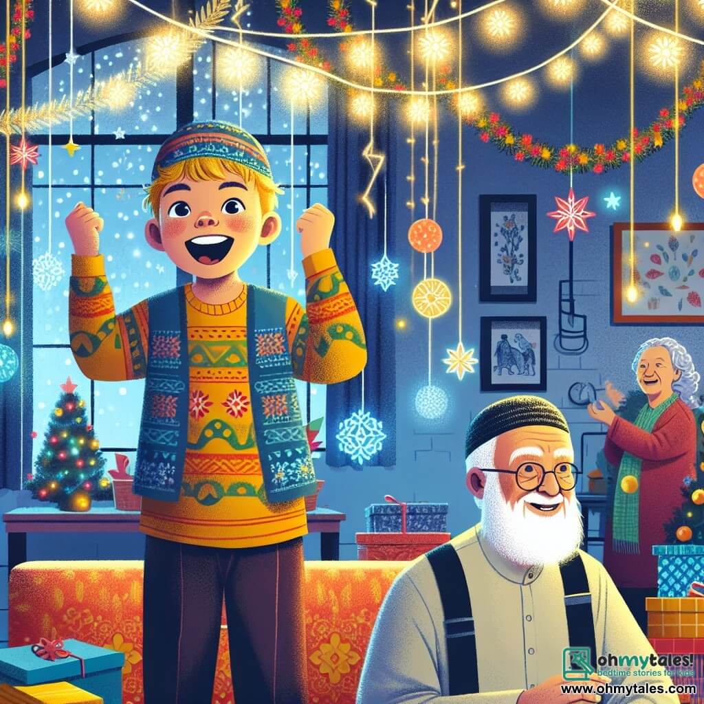 Une illustration destinée aux enfants représentant un garçon espiègle, la soirée du Nouvel An, un voisin âgé, et un salon chaleureux décoré de lumières scintillantes et de guirlandes colorées.