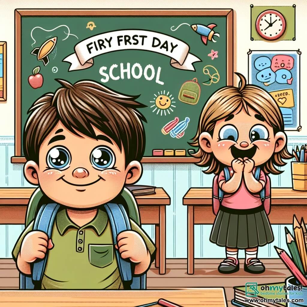 Une illustration destinée aux enfants représentant un garçon aux yeux pétillants, vivant sa première journée d'école avec fébrilité, accompagné de sa petite sœur joyeuse, dans une salle de classe chaleureuse décorée de posters colorés et d'un tableau blanc lumineux.