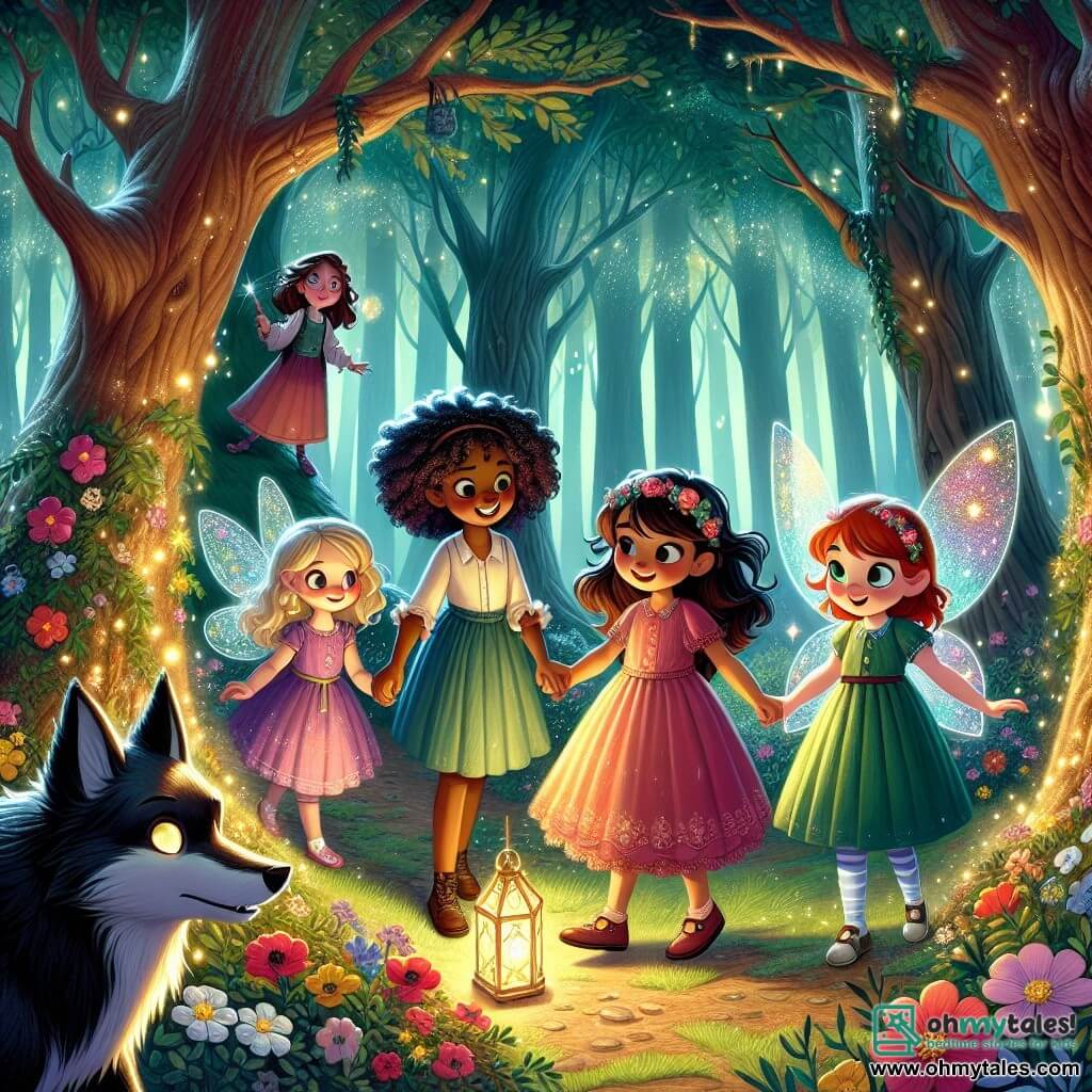 Illustration destinée aux enfants représentant une scène magique dans une forêt enchantée, où de grands arbres aux troncs noueux et aux feuilles scintillantes créent un abri ombragé. Au centre, un groupe de trois filles de cinq ans, aux cheveux brillants et colorés, se tiennent la main avec des expressions de courage et de curiosité sur leurs visages, tandis qu'une petite fée aux ailes translucides et lumineuses les guide avec une lanterne étincelante. À proximité, un grand loup au pelage sombre et aux yeux brillants observe la scène avec une expression douce et amicale, montrant qu'il n'est pas le méchant qu'on raconte. L'atmosphère est remplie de lumière magique et de fleurs colorées, créant un contraste entre l'ombre de la forêt et l'éclat de l'amitié qui se forme.
