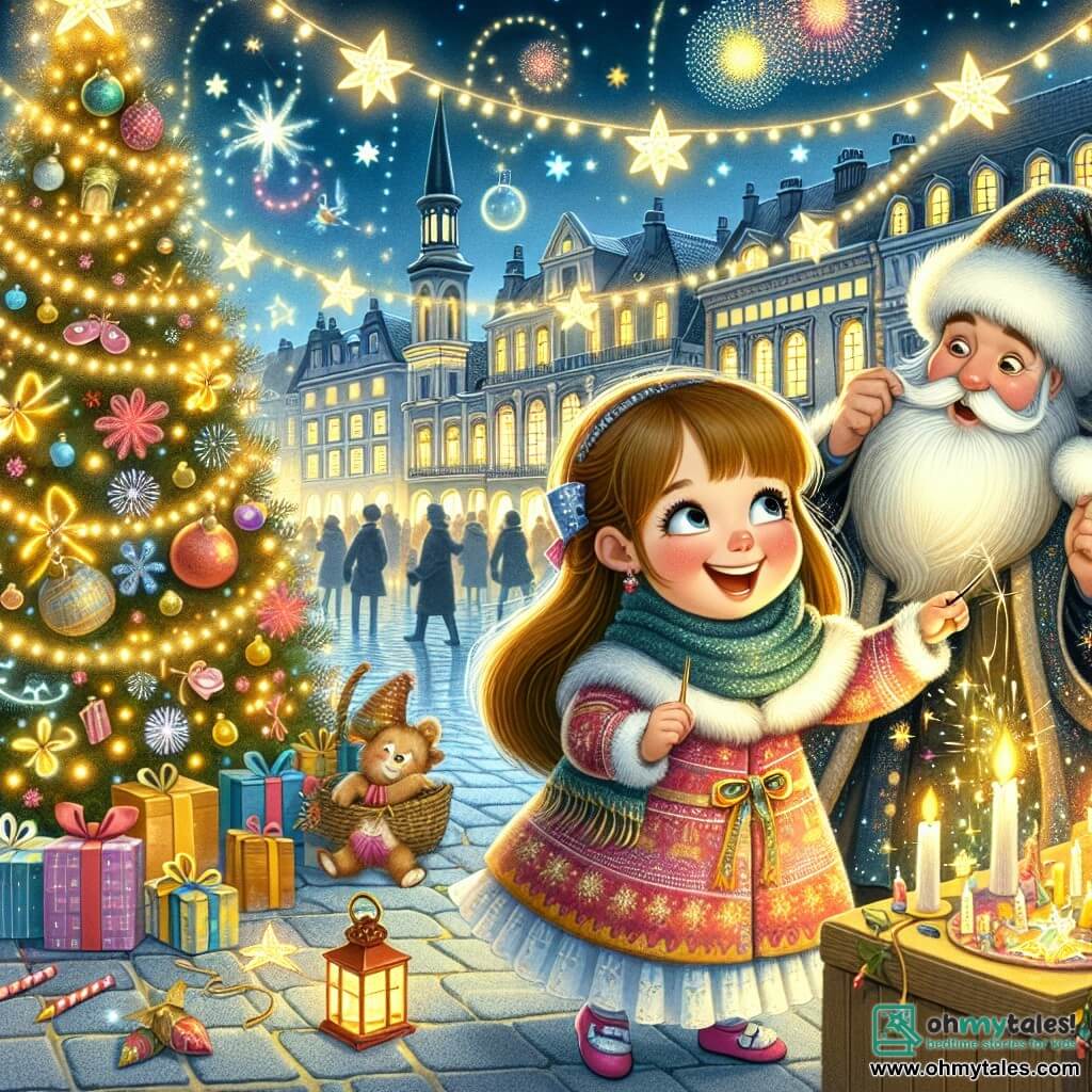 Une illustration destinée aux enfants représentant une fillette enthousiaste se préparant pour une fête du nouvel an magique, accompagnée d'un mystérieux magicien barbu, sur la place de la ville illuminée par des guirlandes scintillantes et des feux d'artifice éclatants.