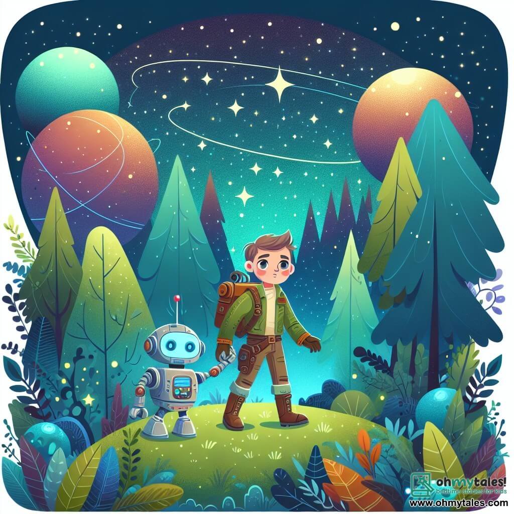 Une illustration destinée aux enfants représentant un homme intrépide explorant une planète luxuriante avec son fidèle compagnon robotique, au milieu d'une forêt enchantée où les arbres brillent de mille couleurs sous un ciel étoilé.