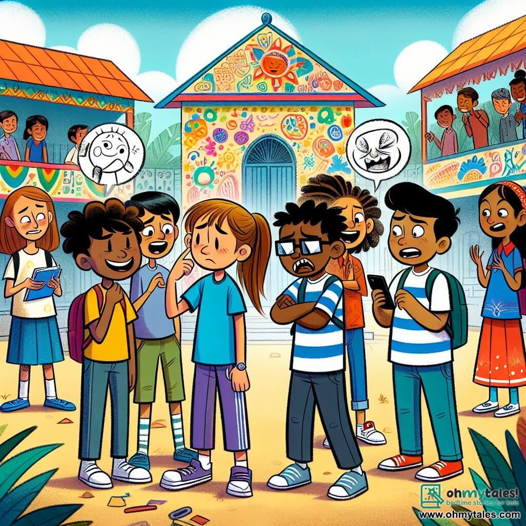 An illustration depicting a scene in a lively schoolyard, surrounded by brightly painted walls and children's drawings. In the center, a group of four students gathers around a phone, laughing mockingly. Among them, a twelve-year-old girl with brown hair in a ponytail wears a blue t-shirt and appears sad, with slumped shoulders. Next to her, a twelve-year-old boy with messy blonde hair stands with a sarcastic smile, while another girl with curly, colorful hair seems hesitant, looking at the scene with a worried expression. In the background, a twelve-year-old boy with glasses and a striped t-shirt observes the situation, looking uncomfortable. The scene captures the moment when the sad girl, feeling the weight of the teasing, musters her courage to approach the group and tell them that what they are doing is wrong. Speech bubbles could show hurtful words, while soft light illuminates the scene, symbolizing hope and the possibility of change.