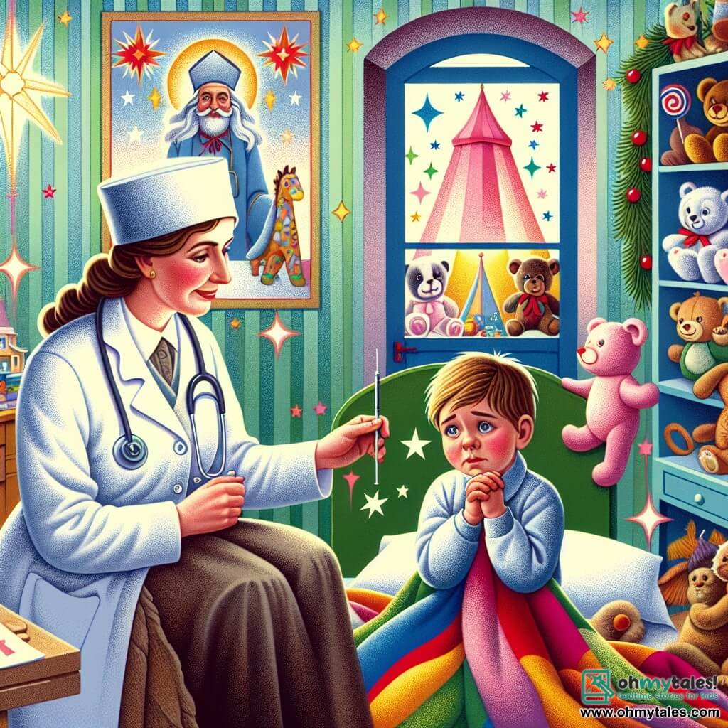 Une illustration destinée aux enfants représentant une femme médecin douce et attentionnée, un petit garçon inquiet tenant son doudou, une clinique colorée remplie de jouets et de visages amicaux, où se déroule une journée magique pleine de soins et de rires.