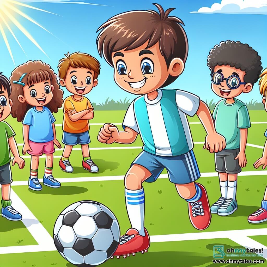 Une illustration sous forme de dessin destinée aux enfants représentant un terrain de football ensoleillé, avec un homme athlétique aux cheveux bruns et courts, souriant et dribblant un ballon, entouré de plusieurs enfants de différents âges, dont une fille aux cheveux bouclés et un garçon aux lunettes, qui l'encouragent avec des expressions joyeuses, alors qu'ils s'apprêtent à jouer un match amical et à apprendre des techniques de football, créant une atmosphère de camaraderie et de passion pour le sport.