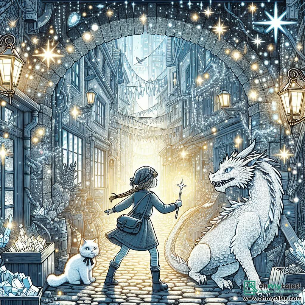 Une illustration destinée aux enfants représentant une jeune fille courageuse se tenant face à un dragon, accompagnée d'un chat aux poils changeants, dans une ruelle secrète aux cristaux lumineux et aux lumières scintillantes, cachée au cœur de la ville animée.