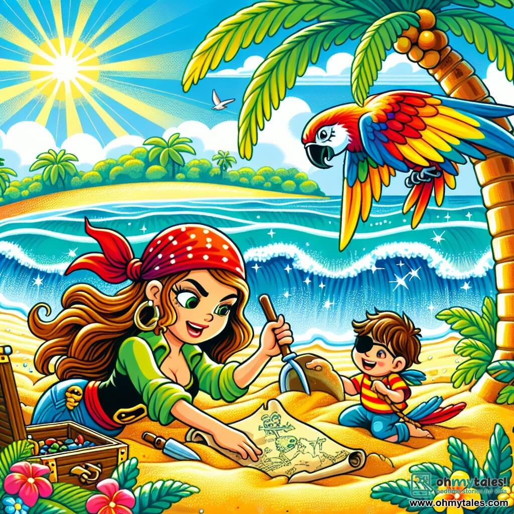 Une illustration sous forme de dessin destinée aux enfants représentant une plage ensoleillée sur une île tropicale, avec une femme pirate courageuse aux longs cheveux flottants, portant un bandana rouge et un sourire déterminé, creusant dans le sable sous un grand palmier, tandis qu'un garçon enthousiaste aux cheveux bruns et un parrot coloré aux plumes éclatantes volent autour d'eux, tous deux aidant à déterrer une vieille carte au trésor, avec des vagues scintillantes et des fleurs tropicales en arrière-plan, évoquant une aventure palpitante pleine de rires et de camaraderie.