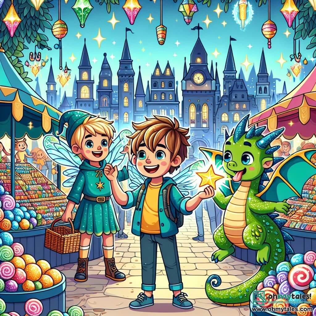 Une illustration sous forme de dessin destinée aux enfants représentant un marché enchanté vibrant de couleurs au cœur d'une ville moderne, avec un garçon de 5 ans aux cheveux ébouriffés et aux yeux pétillants, tenant une étoile brillante dans ses mains, entouré d'une petite fée aux ailes scintillantes et d'un dragon émeraude aux écailles étincelantes, tous trois célébrant la découverte d'un trésor magique au milieu de stands de bonbons lumineux et de créatures fantastiques.