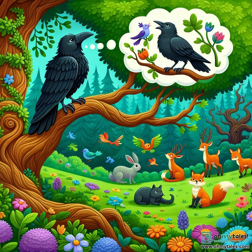 Une illustration destinée aux enfants représentant un majestueux corbeau solitaire, perché sur une branche d'un imposant chêne, qui rêve de trouver un ami dans une forêt luxuriante remplie de fleurs multicolores, d'adorables animaux et d'un mystérieux arbre tordu.