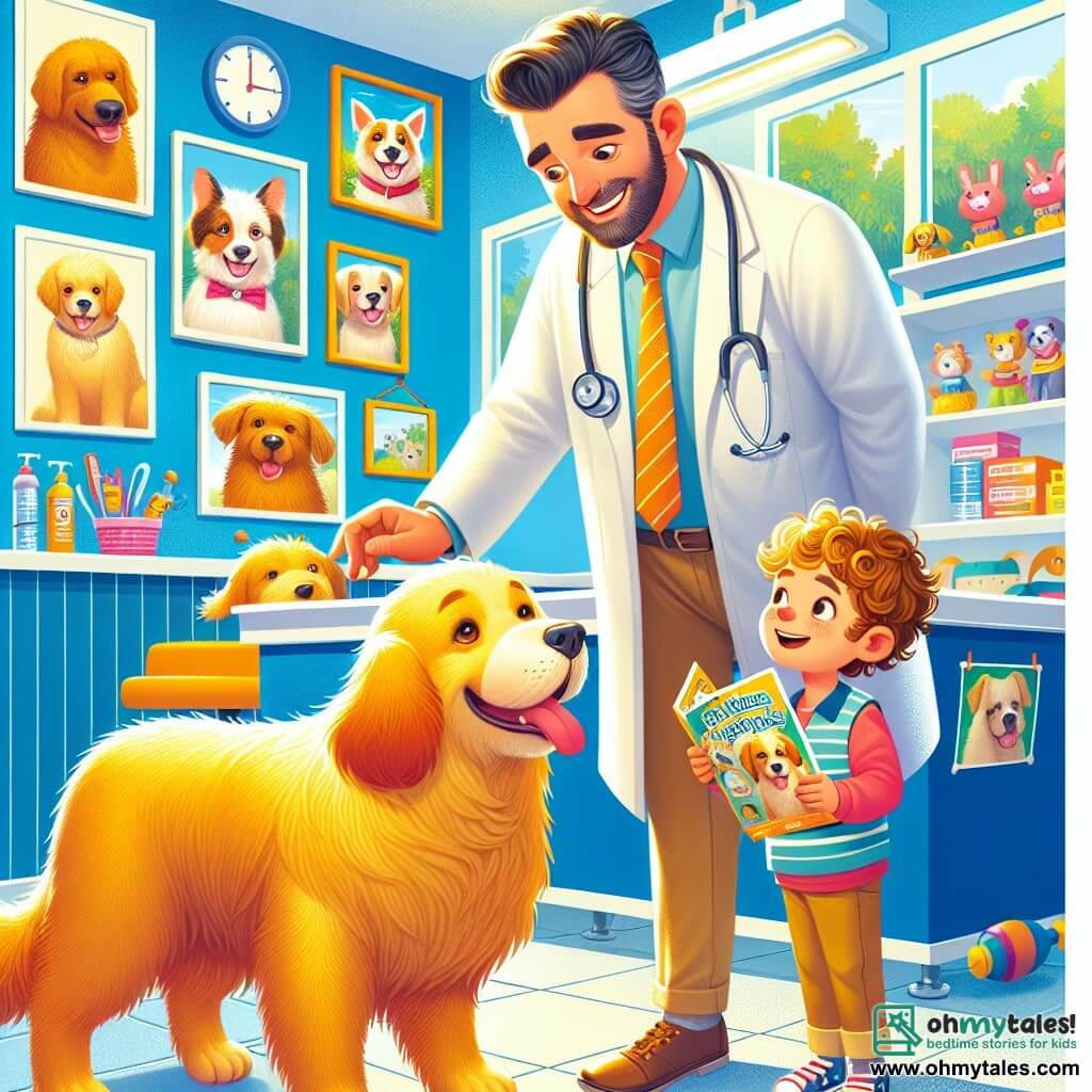 Une illustration sous forme de dessin destinée aux enfants représentant l'intérieur d'une clinique vétérinaire colorée et accueillante, où un homme grand avec un sourire chaleureux, portant une blouse blanche légèrement trop grande et un stéthoscope autour du cou, examine attentivement un chien à la fourrure dorée, tandis qu'un petit garçon aux cheveux bouclés et aux yeux brillants observe avec émerveillement, tenant un pamphlet sur les soins aux animaux, le tout dans une ambiance joyeuse et pleine de vie, avec des affiches d'animaux souriants accrochées aux murs et des jouets éparpillés sur le sol.