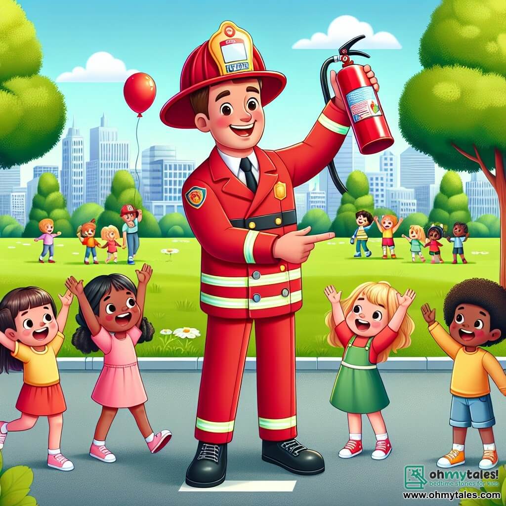 Une illustration sous forme de dessin destinée aux enfants représentant un parc ensoleillé de la ville de Maplewood, avec un pompier homme grand et souriant, portant une uniforme rouge éclatant et un casque brillant, en train de montrer aux enfants comment utiliser un extincteur en plastique, entouré de plusieurs enfants, dont une fille aux cheveux bouclés et une autre fille aux yeux pétillants, tous deux riant et levant leurs bras pour imiter le pompier, tandis qu'en arrière-plan, des ballons rouges flottent et des arbres verdoyants ajoutent une touche de joie à la scène.