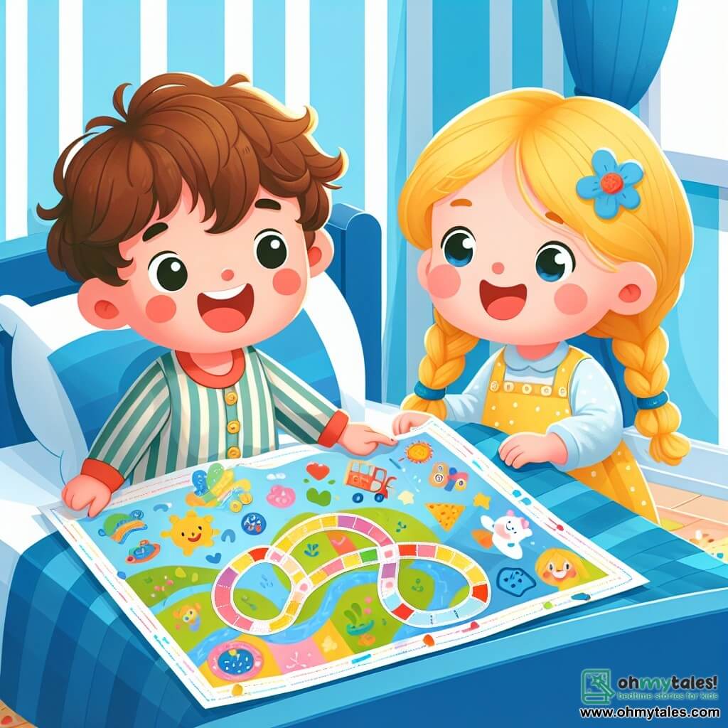 Une illustration sous forme de dessin destinée aux enfants représentant une chambre lumineuse avec des murs peints en bleu, où un garçon de 3 ans aux cheveux bruns et bouclés, vêtu d'un pyjama à rayures, est allongé sur son lit, un sourire radieux sur son visage alors qu'il tient une grande carte colorée décorée de dessins et de stickers, tandis qu'une petite fille aux cheveux blonds et tressés, portant une robe jaune, s'assoit à côté de lui, les yeux brillants d'excitation, tous deux partageant un moment joyeux de jeu et d'amitié malgré le fait qu'il soit un peu malade.