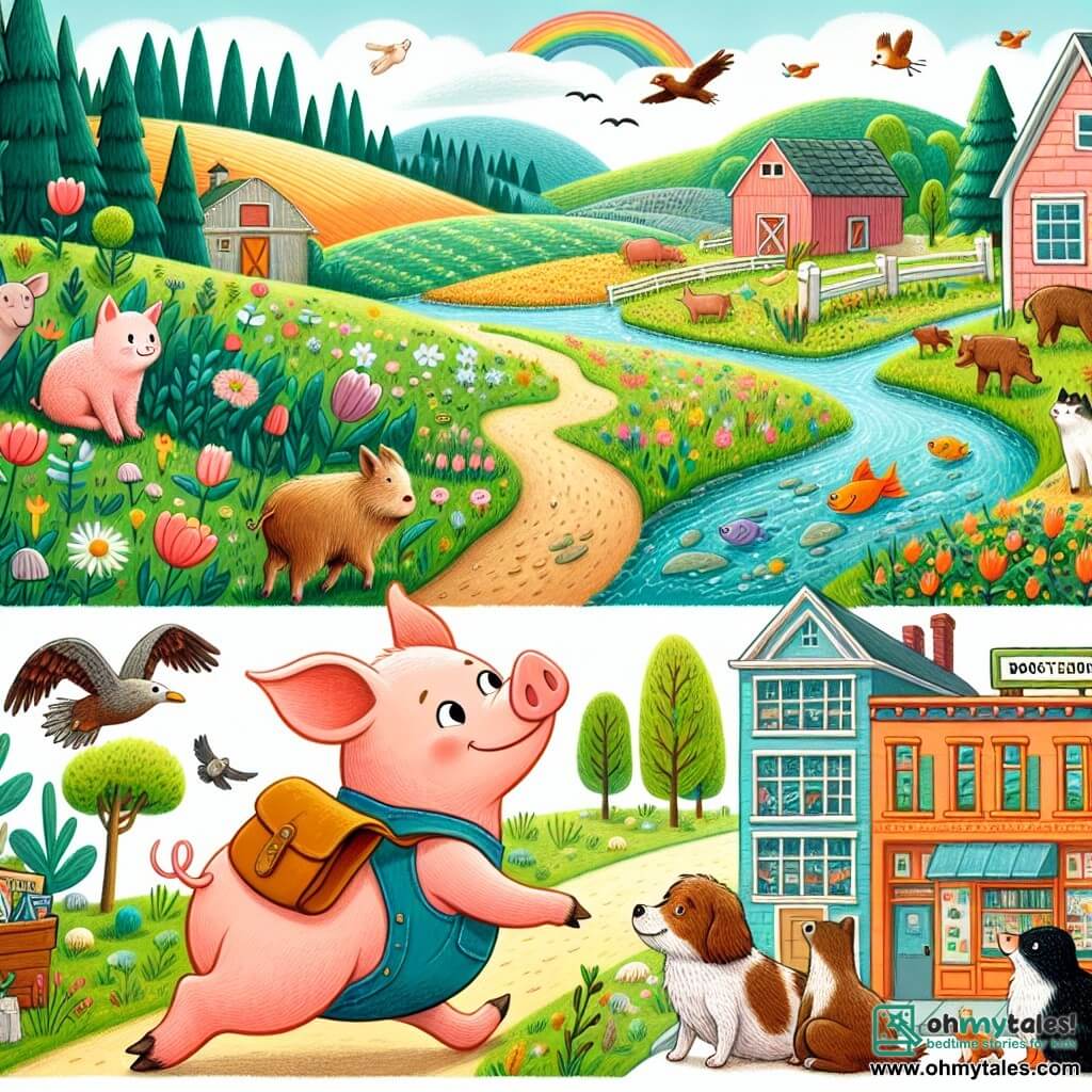 Une illustration destinée aux enfants représentant un cochon intrépide et curieux qui quitte sa ferme pour explorer le monde, accompagné de ses nouveaux amis animaux, à travers des prairies verdoyantes, des ruisseaux babillants et une ville animée avec des bâtiments colorés et une librairie pittoresque.