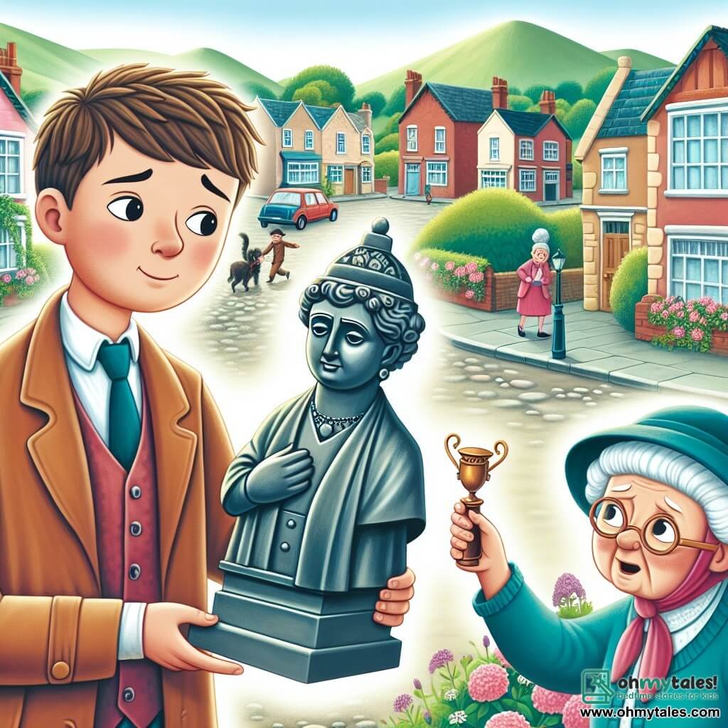 Une illustration destinée aux enfants représentant un détective homme astucieux enquêtant sur la disparition d'une statue précieuse avec l'aide d'une vieille dame excentrique dans une petite ville paisible aux maisons colorées et aux rues bordées de fleurs.