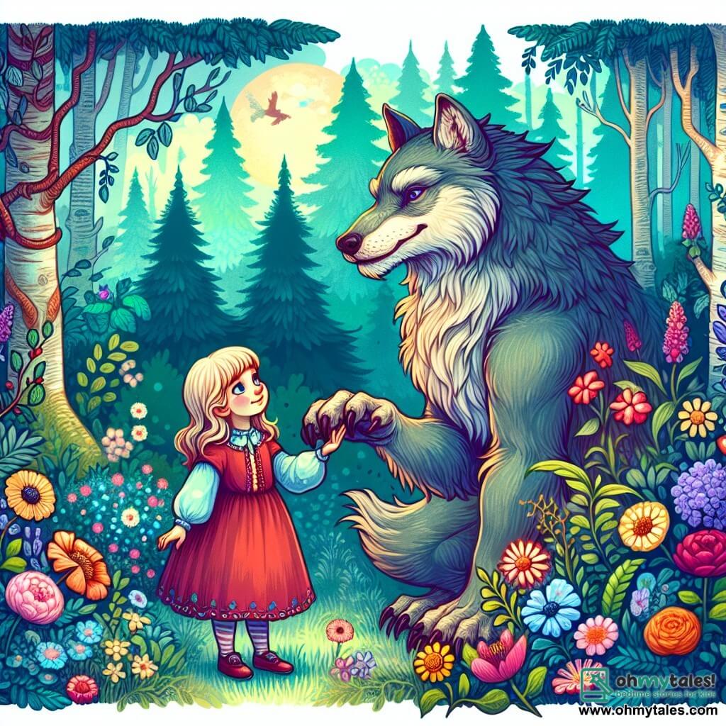 Une illustration destinée aux enfants représentant une créature mi-homme mi-loup, courageuse et solitaire, qui se lie d'amitié avec une petite fille curieuse dans une forêt magique remplie de fleurs colorées et d'arbres majestueux.