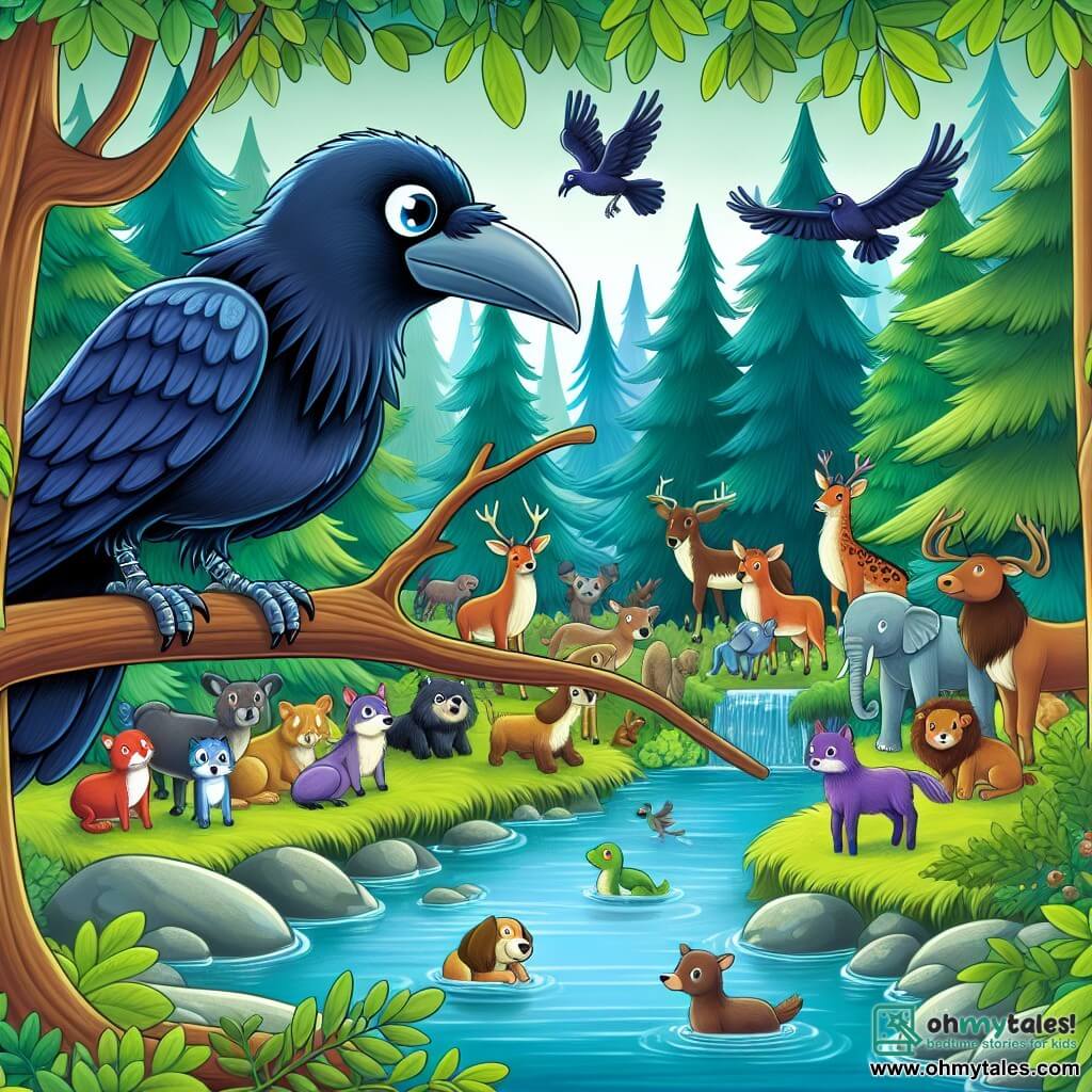 Une illustration destinée aux enfants représentant un corbeau curieux, perché sur une branche, découvrant un groupe d'animaux réunis près d'un ruisseau étincelant dans une forêt luxuriante.