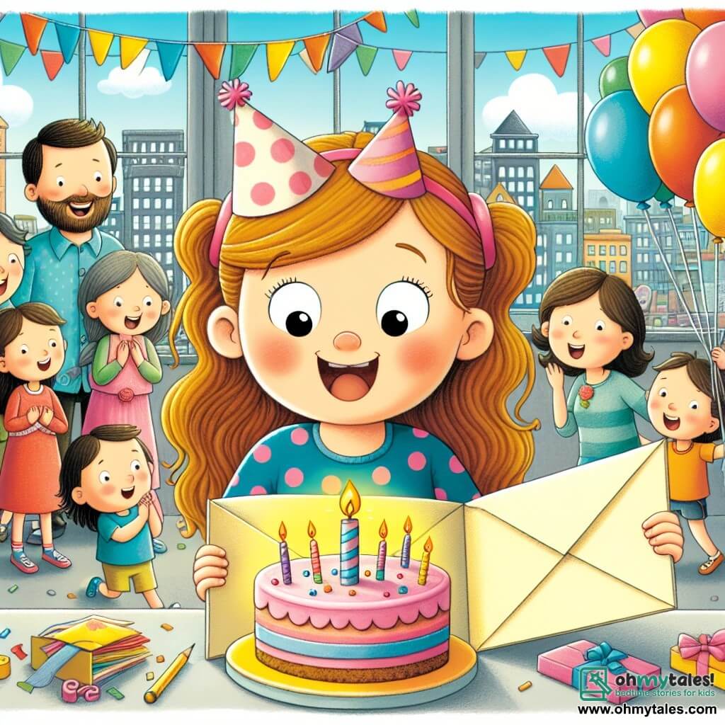 Une illustration destinée aux enfants représentant une fillette pleine de joie découvrant un mystérieux enveloppe le jour de son anniversaire, accompagnée de sa famille, dans une ville animée avec des ballons colorés et un gâteau magnifiquement décoré.