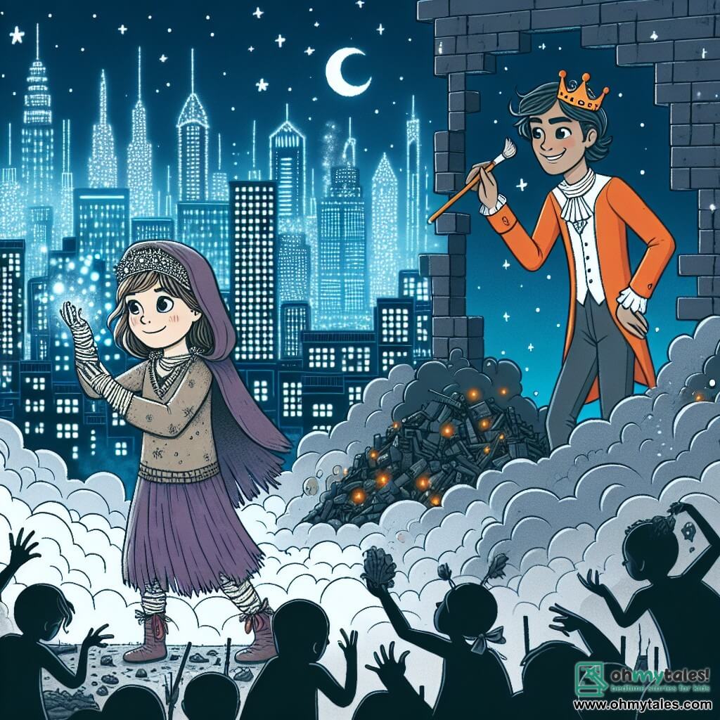 Une illustration destinée aux enfants représentant une jeune fille vêtue de haillons, entourée de cendres, qui rêve de changer son monde pollué et inégal, avec l'aide d'un prince inventeur, dans une ville futuriste remplie de gratte-ciel étincelants, mais où la pollution enveloppe les rues dans un voile sombre.