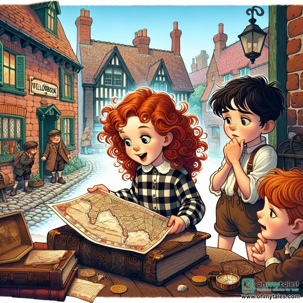 Une illustration sous forme de dessin destinée aux enfants représentant une scène dans le charmant village de Willowbrook, avec ses rues pavées et ses maisons en briques, où une fille de 11 ans aux cheveux bouclés et roux, vêtue d'une chemise à carreaux et d'un short, examine avec émerveillement une carte ancienne, tandis que deux de ses amis, un garçon aux cheveux bruns et un sourire espiègle, et une fille aux longs cheveux noirs, concentrée et réfléchie, l'observent avec curiosité, tous trois entourés de vieux livres et de trésors oubliés, prêts à découvrir les secrets cachés de leur ville.