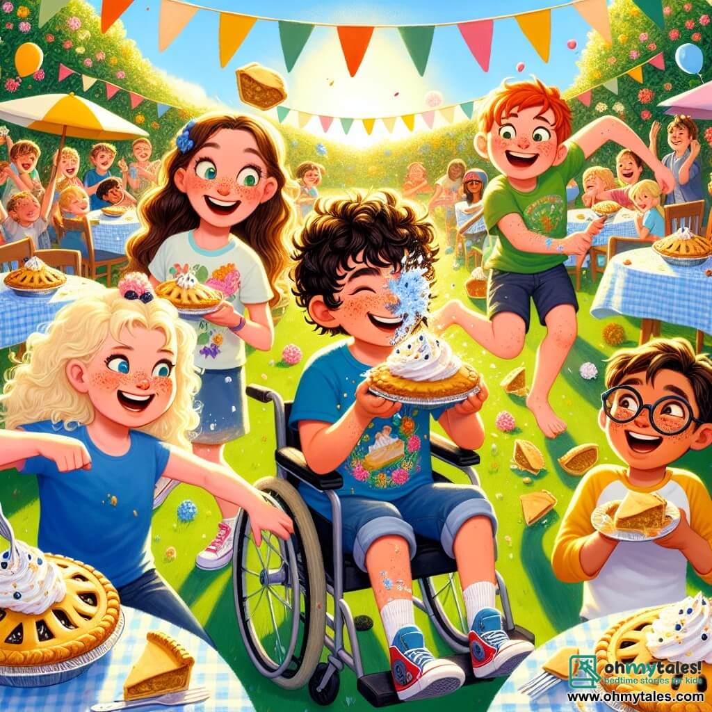 Illustration destinée aux enfants représentant un groupe de quatre enfants de 11 ans, riant aux éclats dans un jardin ensoleillé, rempli de couleurs vives et de décorations festives. Au centre, un garçon aux cheveux bouclés et aux yeux pétillants, le visage couvert de crème de blueberry, tient un morceau de tarte dans sa main, prêt à le lancer. À ses côtés, une fille aux cheveux longs et blonds, souriante, porte un t-shirt coloré et éclate de rire, tandis qu'un autre garçon, avec des lunettes et des taches de rousseur, tente de jongler avec des tartes, et un quatrième garçon, assis dans son fauteuil roulant, lance des tranches de tarte avec une précision incroyable. En arrière-plan, des tables débordant de tartes de toutes les saveurs, des ballons flottants et des enfants en train de s'amuser, créent une atmosphère joyeuse et festive, capturant l'esprit d'une bataille de tartes hilarante et pleine de camaraderie.