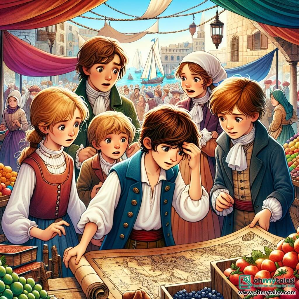 Une illustration sous forme de dessin destinée aux enfants représentant un groupe de quatre enfants de 11 ans, deux garçons aux cheveux bruns et une fille aux cheveux blonds, tous habillés en vêtements du 18ème siècle, se tenant dans un marché animé avec des étals colorés de fruits et de tissus, tandis qu'un jeune garçon aux cheveux châtains, visiblement inquiet, leur montre une vieille carte au trésor, le tout sous un ciel bleu éclatant, illustrant leur quête pour retrouver un trésor caché qui pourrait sauver un village en détresse.