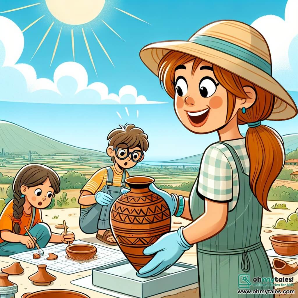 Une illustration sous forme de dessin destinée aux enfants représentant un site archéologique ensoleillé dans la vallée d'Anatolie, avec une femme aux cheveux châtain en queue de cheval, portant un chapeau de soleil et des vêtements pratiques, qui examine avec enthousiasme un ancien pot en terre cuite, entourée de jeunes étudiants aux visages curieux, un garçon aux lunettes et une fille aux tresses, qui nettoient des fragments de poterie et prennent des notes, tandis qu'un ciel bleu parsemé de nuages blancs et des collines verdoyantes forment un arrière-plan paisible, illustrant la découverte passionnante des secrets d'une ancienne civilisation.