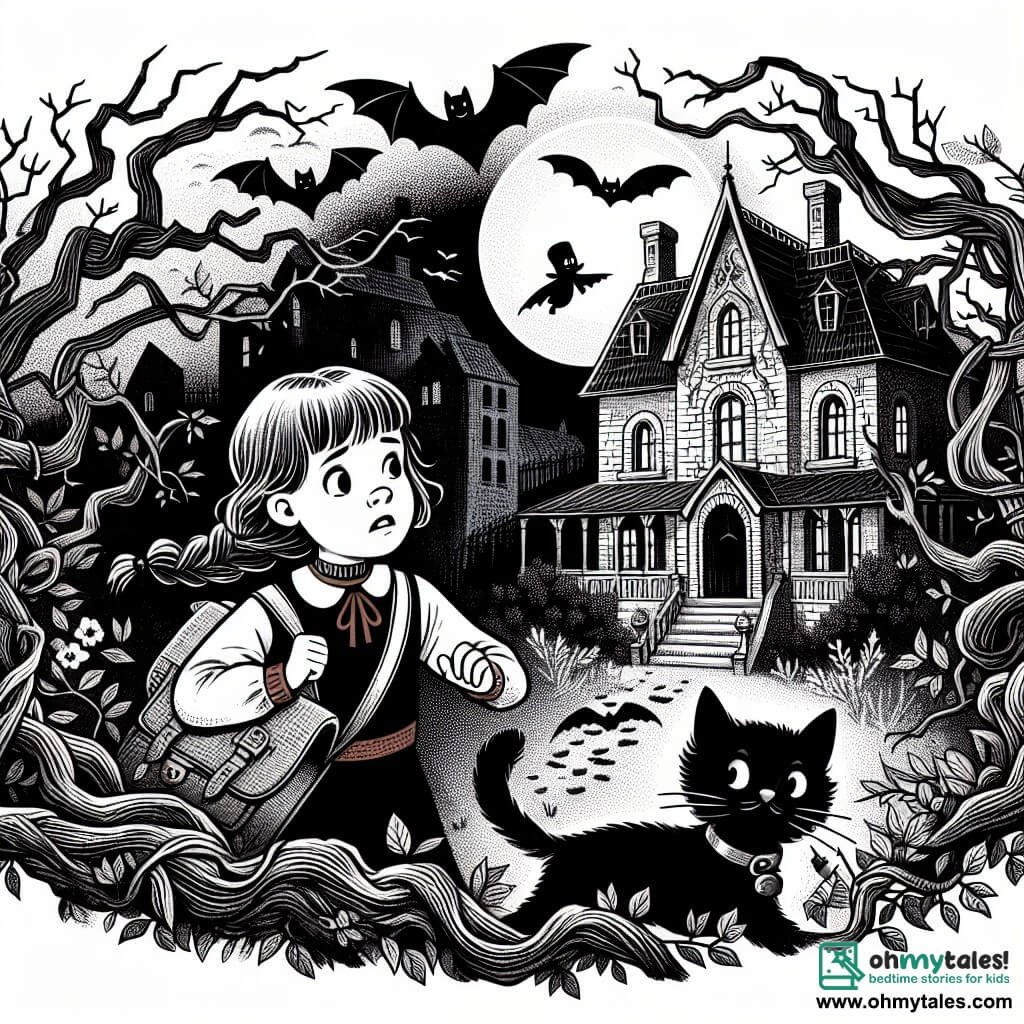 Une illustration destinée aux enfants représentant une jeune fille courageuse et curieuse, se retrouvant coincée dans une maison hantée, avec pour seule compagnie un chat noir mystérieux, dans un vieux manoir lugubre, entouré de chauve-souris et de branches d'arbres tordues.