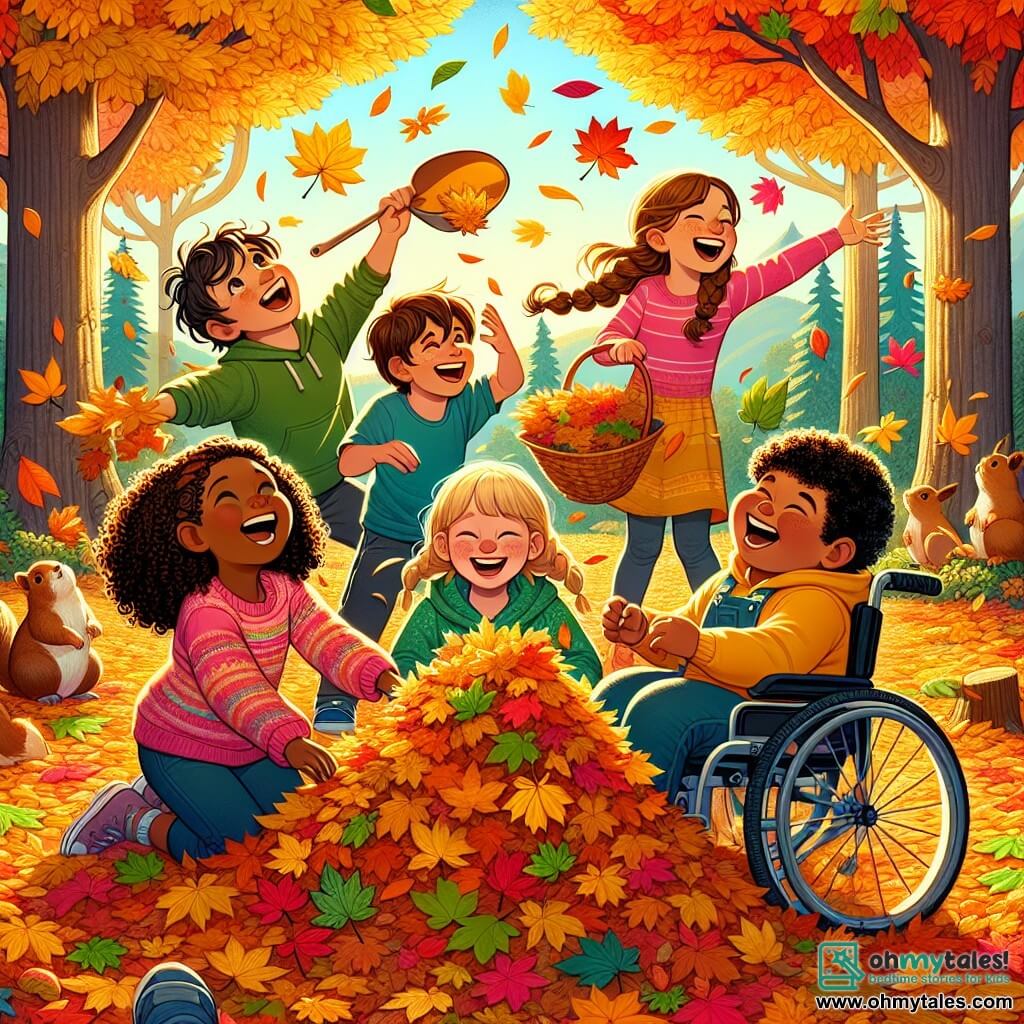 An illustration depicting a vibrant autumn garden filled with golden, red, and orange leaves falling from the trees. In the center, four children are gathered around a large pile of leaves. Two girls, about 10 years old, are present: one with curly brown hair wearing a pink sweater, smiling while holding a leaf rake, and the other with braided blonde hair in a yellow jacket, joyfully tossing leaves into the air. A boy, around 9, with short brown hair in a blue t-shirt, is crouched down enthusiastically collecting leaves. Lastly, an 11-year-old girl in a wheelchair has black hair and is wearing a green hoodie, laughing as she throws leaves from her seat. The scene captures the spirit of friendship and joy, with laughter and leaves swirling around them. In the background, majestic trees in autumn colors stand tall, and the sky is a clear blue, illuminated by the gentle autumn sun. Additional elements include curious squirrels watching the children and a basket filled with colorful leaves beside them, ready for their art project.