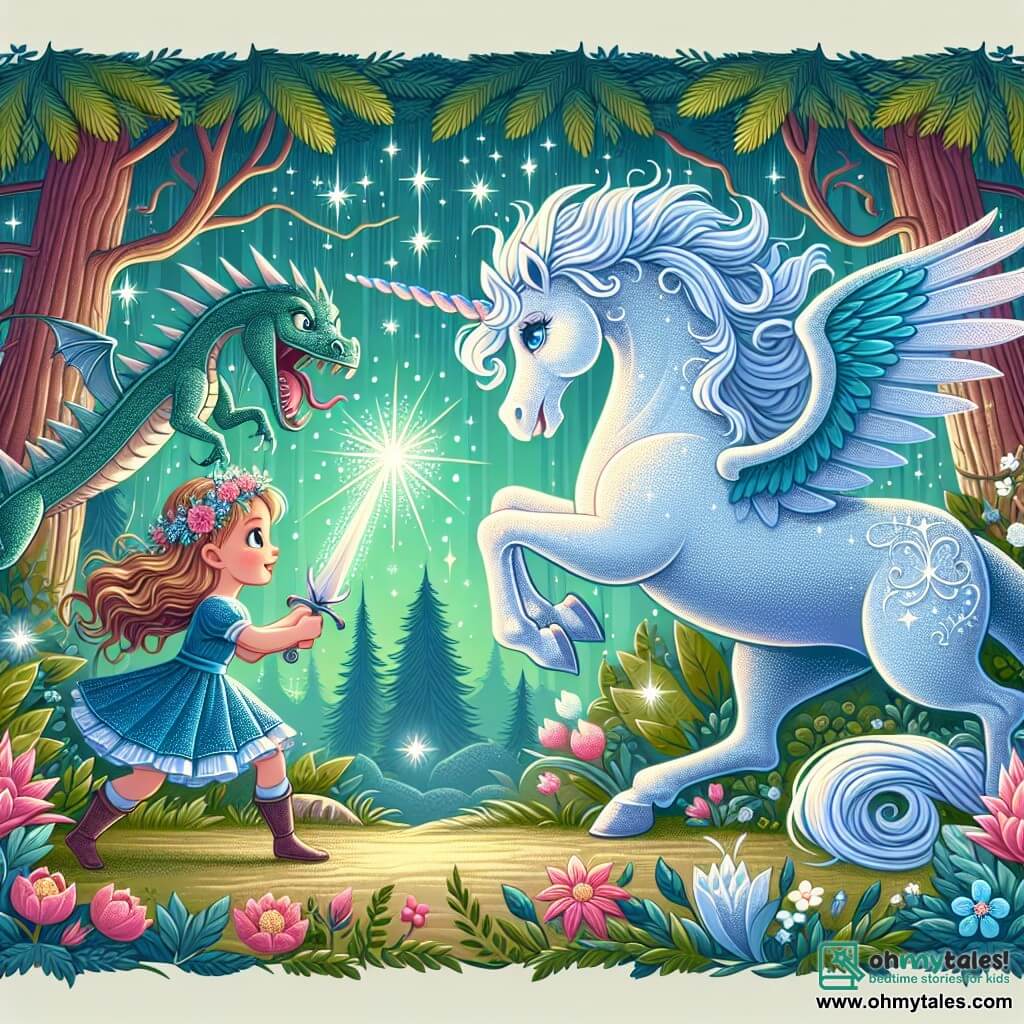 Une illustration destinée aux enfants représentant une licorne majestueuse aux yeux pétillants, une jeune fille courageuse affrontant un dragon redoutable, dans l'Enchanted Forest où les arbres chuchotent des secrets et les fleurs chantent des mélodies enchantées.