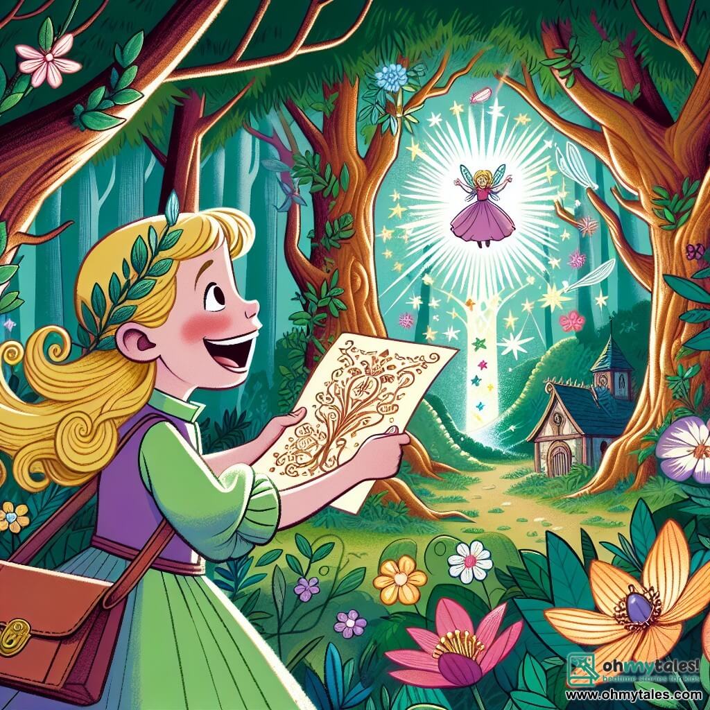 Une illustration destinée aux enfants représentant une jeune fille joyeuse découvrant une mystérieuse invitation pour une aventure magique en compagnie de fées dans une forêt enchantée aux arbres majestueux et aux fleurs éclatantes.