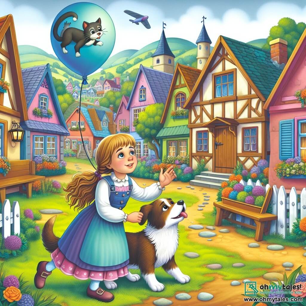 Une illustration destinée aux enfants représentant une jeune fille inventive et curieuse, tentant de capturer un ballon en forme de chat avec l'aide de son fidèle chien, dans le pittoresque village de Willowbrook, rempli de maisons colorées et de jardins fleuris.