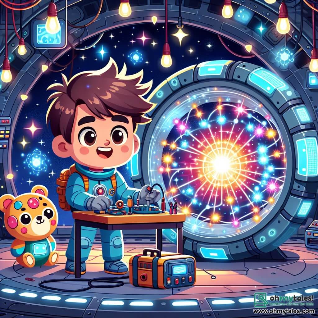 Une illustration sous forme de dessin destinée aux enfants représentant l'intérieur de la station spatiale étincelante Star Glimmer, avec un jeune homme aux cheveux ébouriffés et en combinaison bleue, en train de manipuler des outils autour d'un gigantesque cœur d'énergie lumineux, tandis qu'une créature amicale ressemblant à un ours en peluche avec des tentacules colorés l'observe avec un sourire, le tout baigné dans des lumières vives et des écrans scintillants, illustrant l'excitation d'une aventure spatiale où ils doivent résoudre un problème énergétique ensemble.