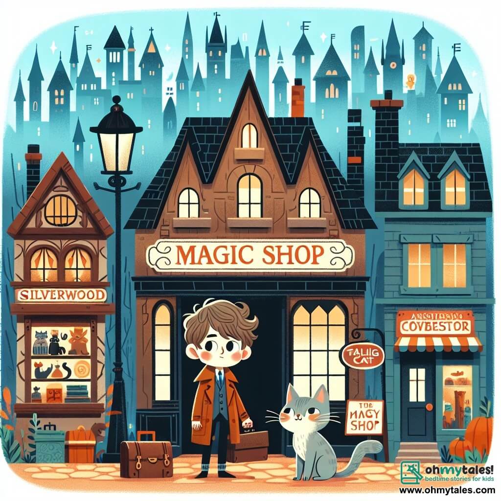 Une illustration destinée aux enfants représentant un garçon curieux se tenant devant une mystérieuse boutique magique, accompagné de son chat parlant, dans la ville de Silverwood où les rues pavées anciennes se mêlent aux gratte-ciel modernes.